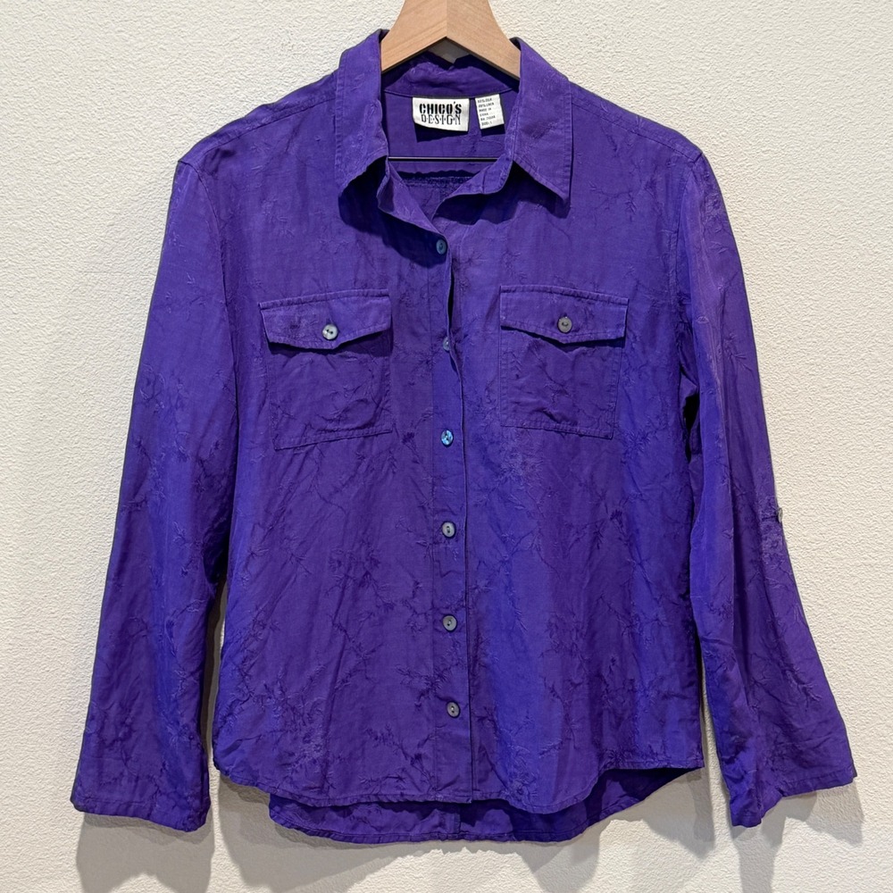 CHICO'S Women Shirt Size 1‎ Purple Silk Linen Floral Jacquard Roll Tab Boho